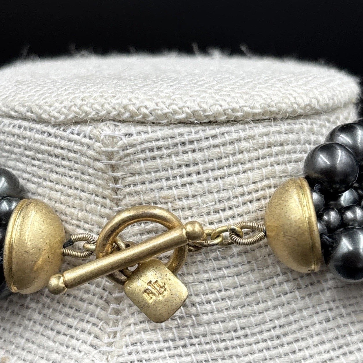 Ralph Lauren Gunmetal Gold Multi Strand Beaded Statement Necklace Toggle Clasp