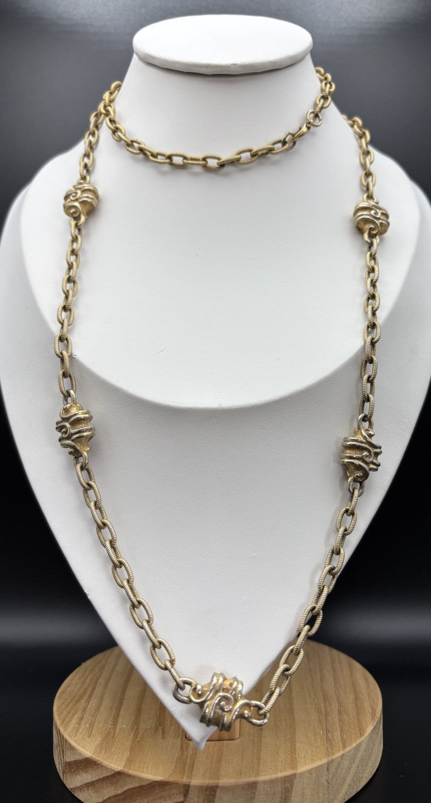 Vintage Long Gold Tone Chain Necklace Ornate Baroque Scroll Stations 92cm