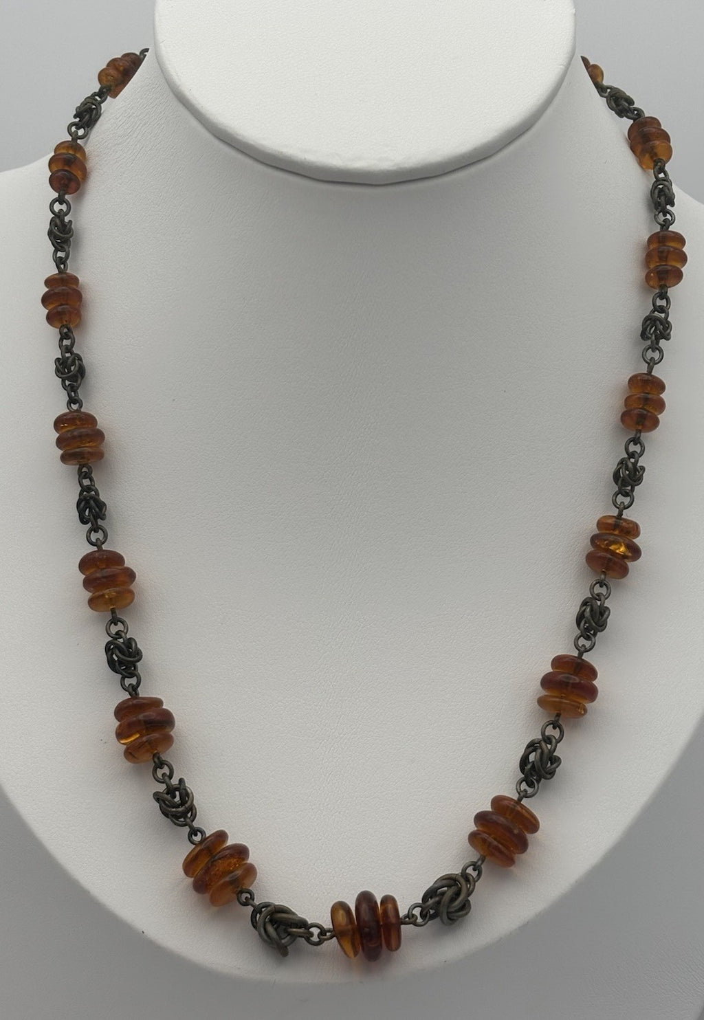 Vintage Baltic Amber Disc Bead Necklace with Oxidized Chain Choker Jewelry