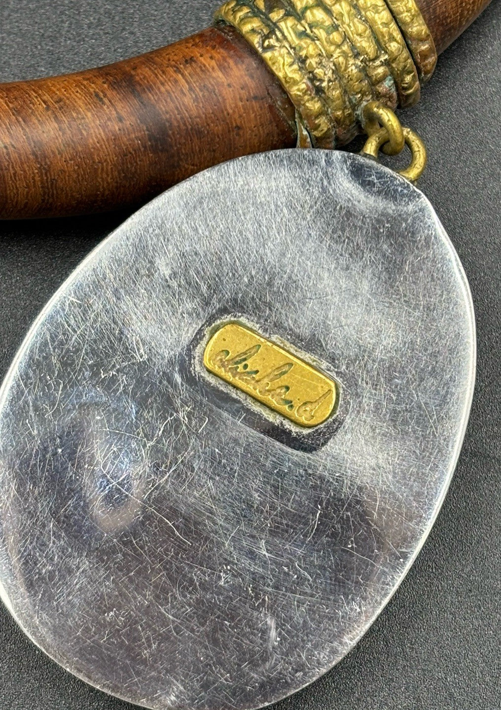 Amethyst Pendant Silver Tone  Wooden Gold Accents Necklace, Handmade “Large”