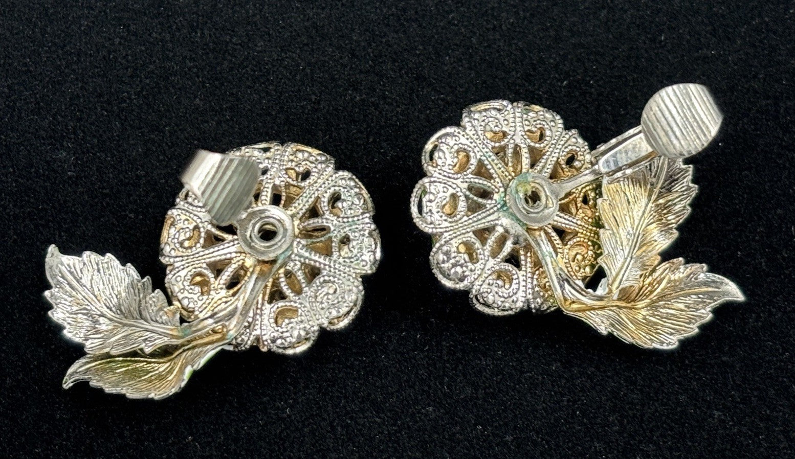Vintage Green Rhinestone Flower Clip On Earrings Enamel Leaves Mid Century