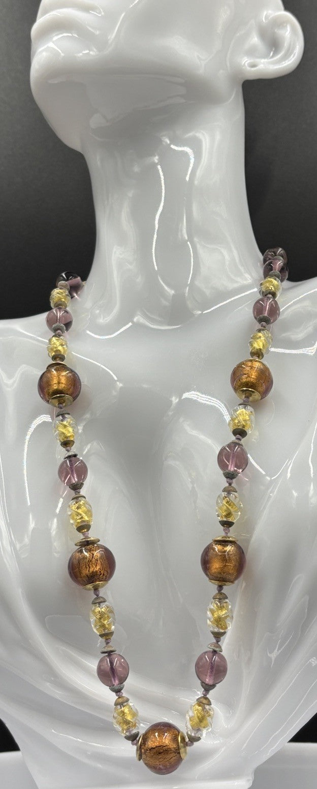 Vintage Brown Honey Gold Foiled Purple Accents Murano Art Glass Faceted Beads