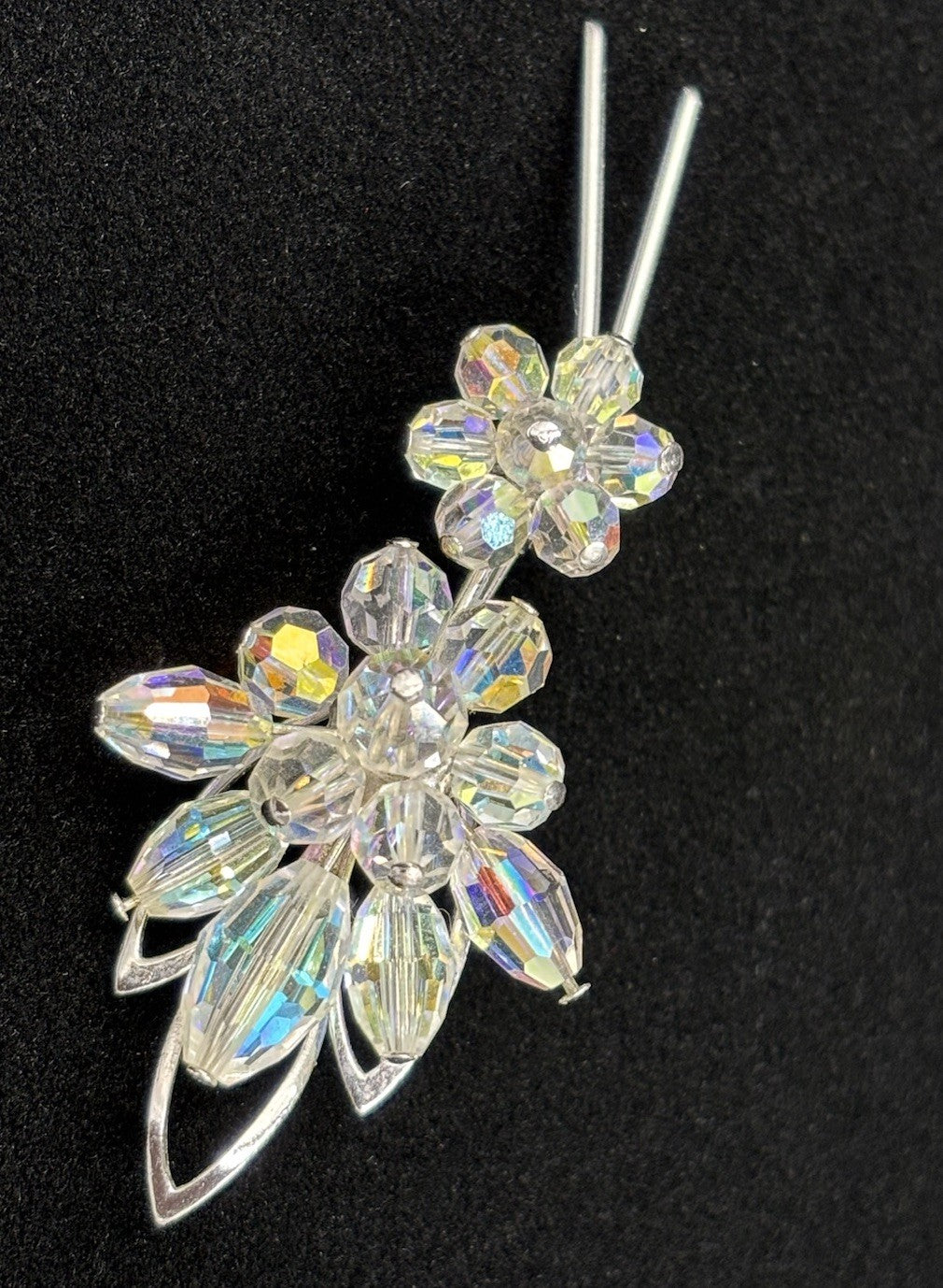 Aurora Borealis Glass Clear Crystal Brooch Flowers Gold Tone  Silver Tone