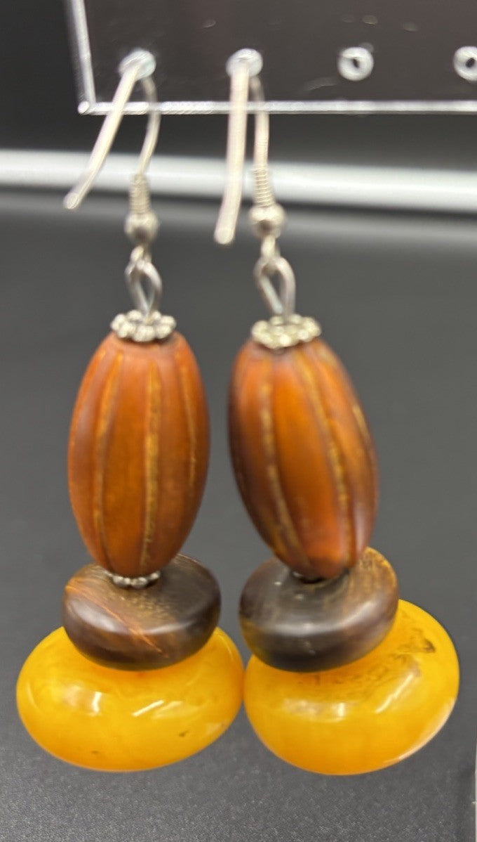 Vintage Casein Egg Yolk Earrings Chunky Marbled Butterscotch Tribal Boho Dangle