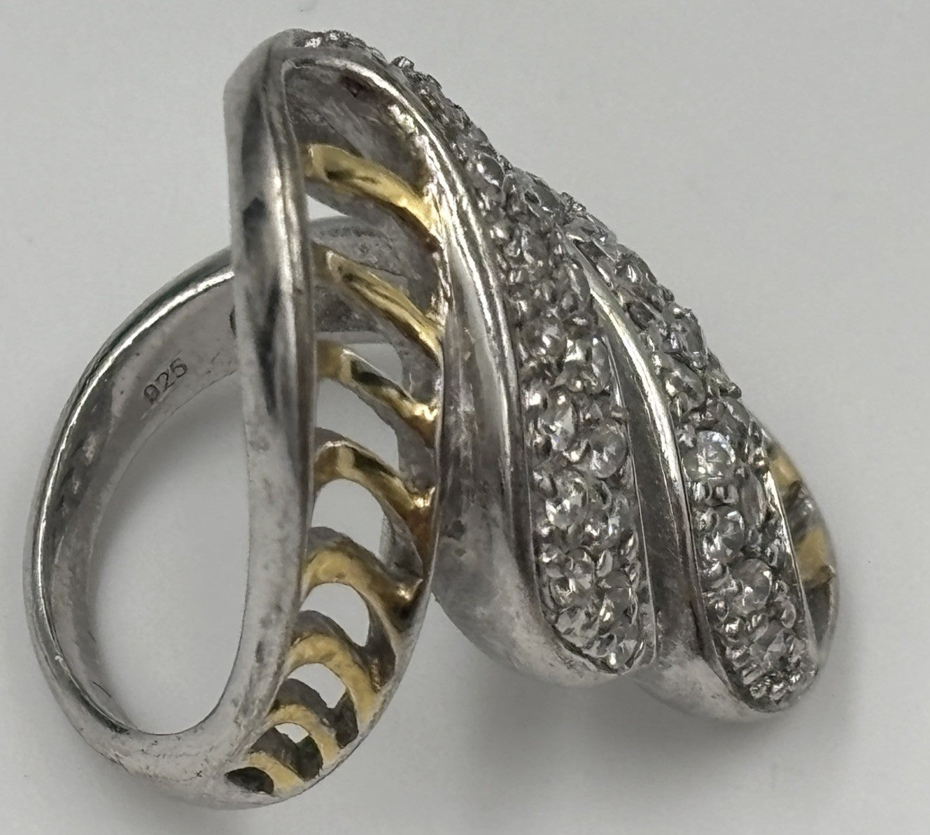 Rare Vintage Sterling Silver Cubic Zirconia Pavé Sculptural Statement Ring US 6