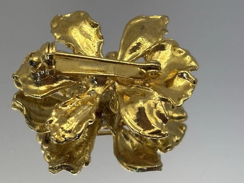 Vintage 1980s Gold Tone Orchid Flower Brooch Statement Floral Jewelry