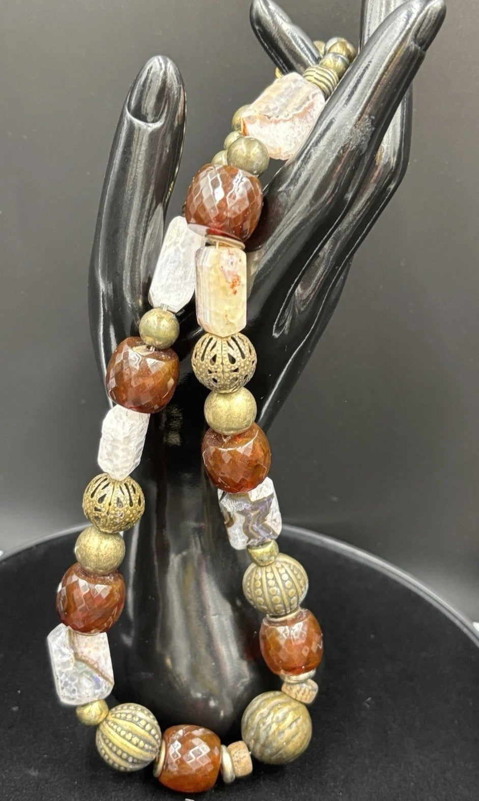 Vintage Natural Agate Beaded Necklace Artisan Statement Earthy Brass Tone