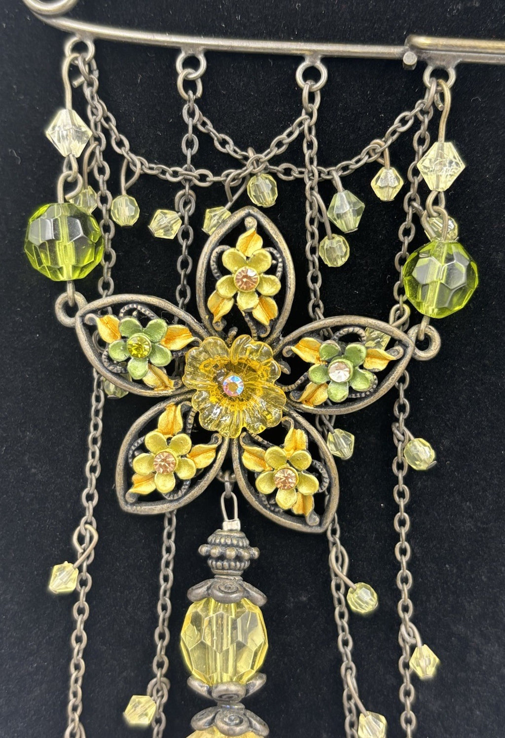Vintage Style Art Nouveau Floral Dangle Brooch Enamel Glass Beads Statement Pin