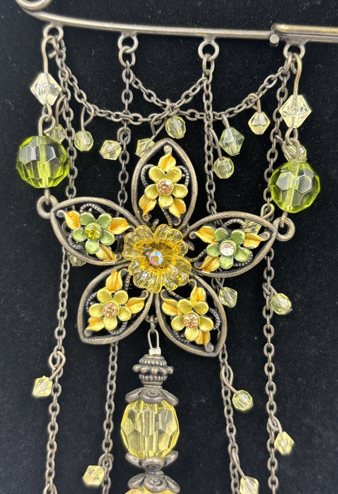 Vintage Style Art Nouveau Floral Dangle Brooch Enamel Glass Beads Statement Pin