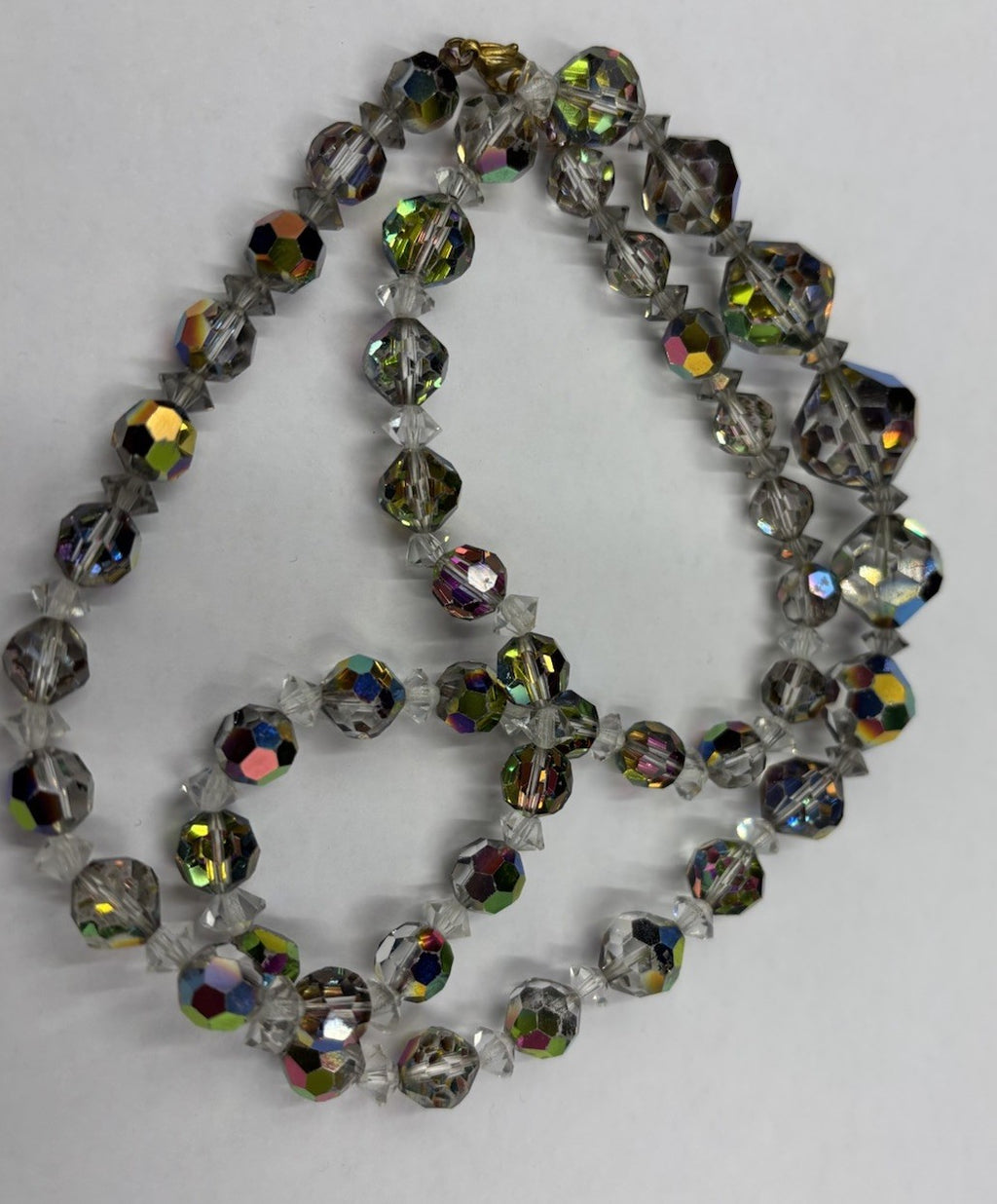 Vintage Aurora Borealis Crystal Bead Necklace Faceted Glass, Mid-Century