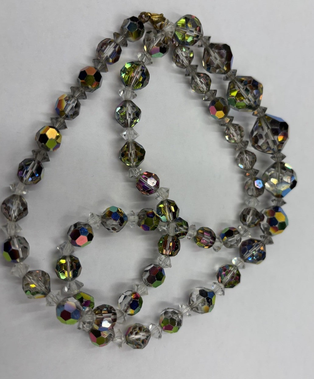 Vintage Aurora Borealis Crystal Bead Necklace Faceted Glass, Mid-Century