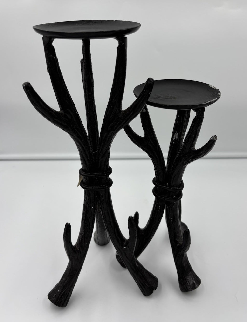 Sculptural Black Cast Aluminium Candle Holders Set Rustic Tree Branch Decor