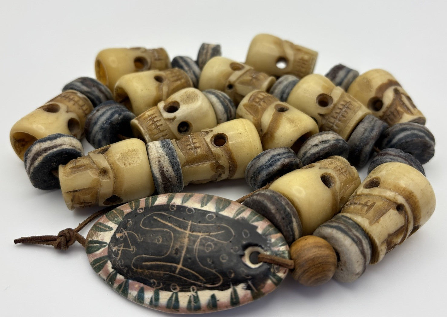 Antique Attributed Tibetan Style Skull Mala Necklace Carved Bone