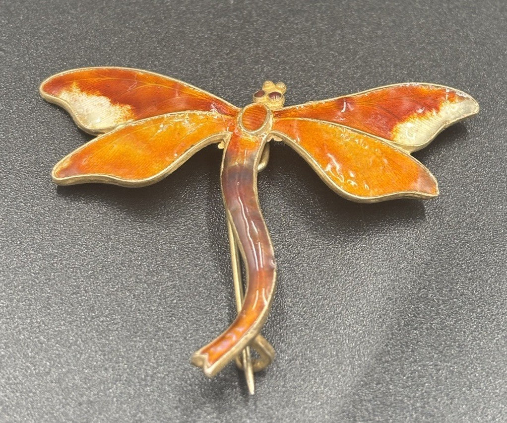 Antique Silver Plique A Jour Enamel Dragonfly Brooch Pin