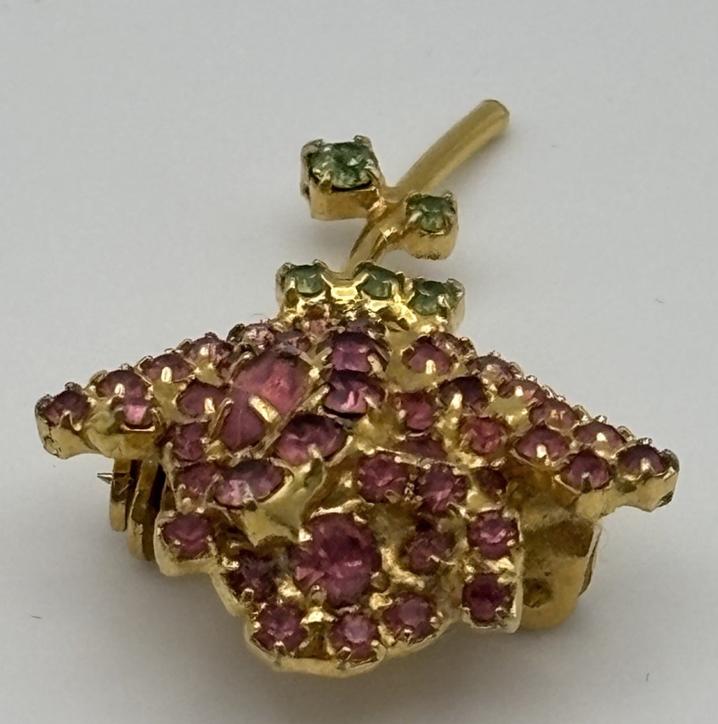 Vintage Bauer Brooch Pink Rhinestone Rose Flower Gold Tone Green Leaves