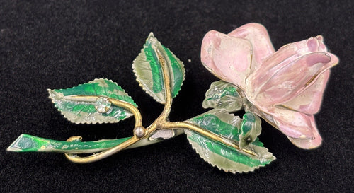 Sandor Goldberger signed pink enamel rose brooch gold tone mid-century vintage