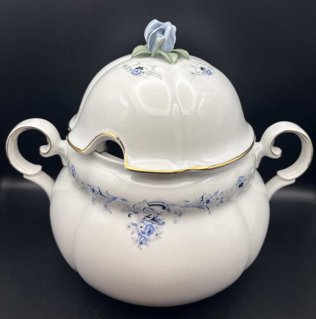 Bogucice Poland Porcelain Lidded Tureen Blue Floral Gold Gilt Rose Lid