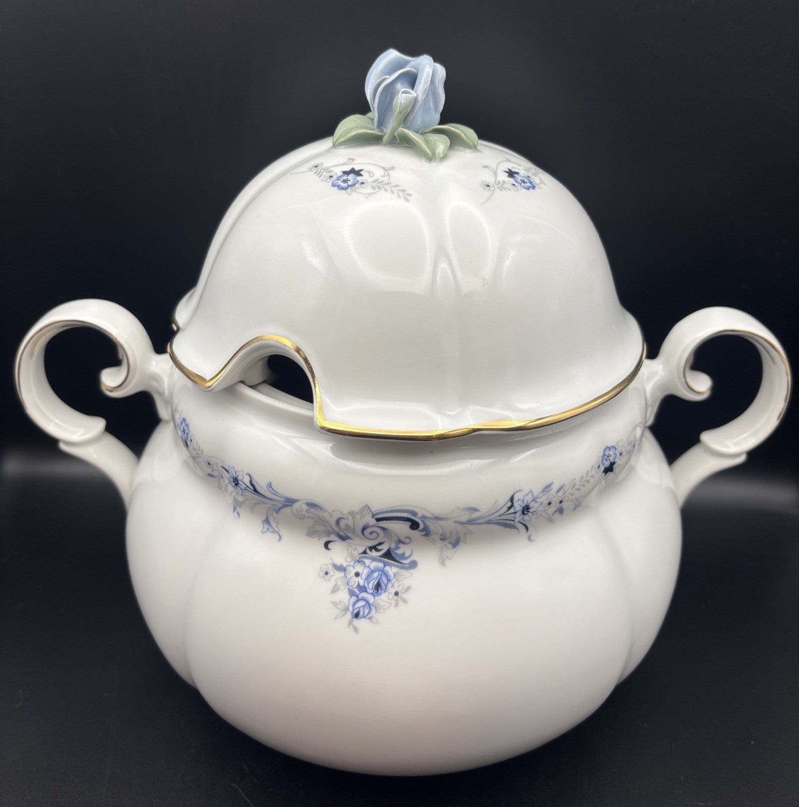 Bogucice Poland Porcelain Lidded Tureen Blue Floral Gold Gilt Rose Lid