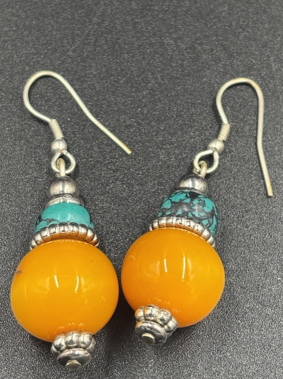 Vintage Boho Dangle Earrings – Faux Amber & Turquoise Beads, Tribal Silver Tone
