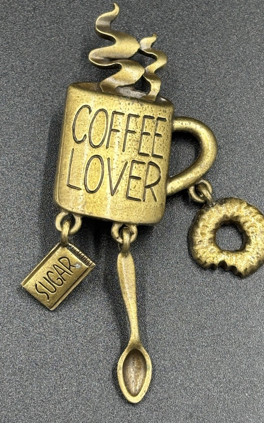 Vtg JJ Jonette Jewelry Brooch Coffe Lover Donut Sugar Spoon Bronze Tone Pin