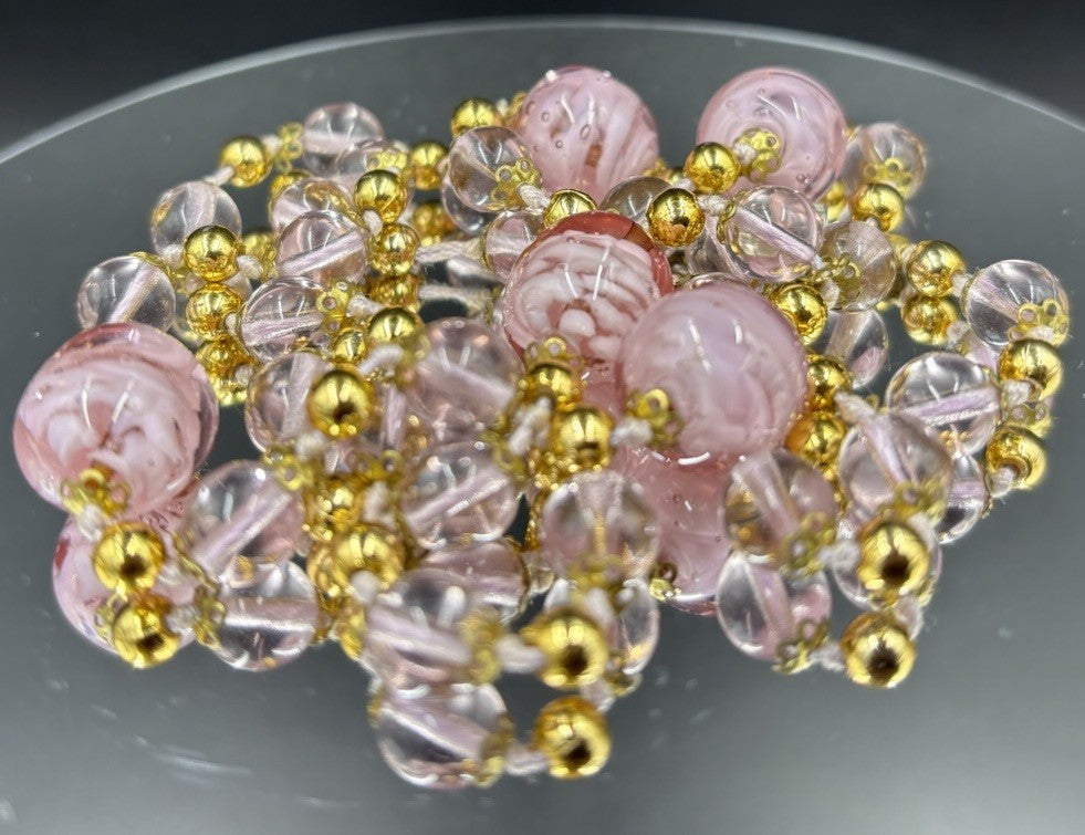 Vintage Italian Venetian Murano Glass Bead Necklace Pink & Purple Gold Lampwork