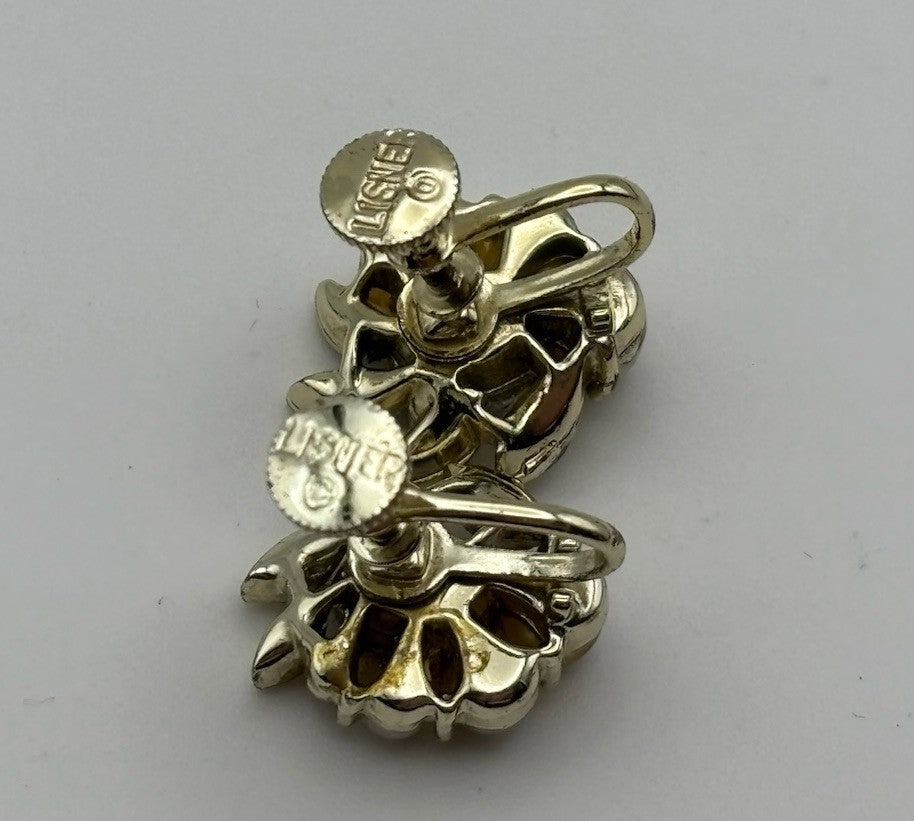 Vintage Lisner AB Rhinestone Faux Pearl Screw Back Earrings Gold Tone Floral