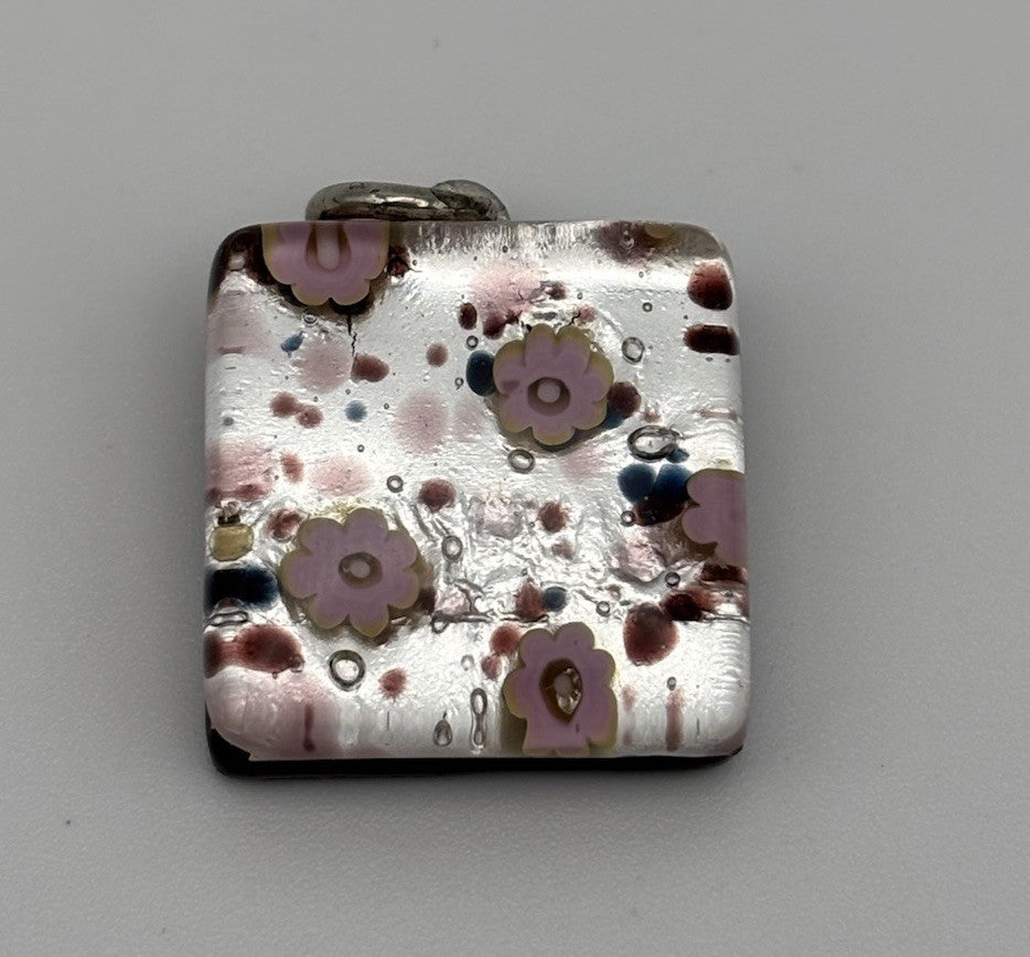 Murano Glass Pendant Millefiori Pink Floral Silver Foil Italy 2cm