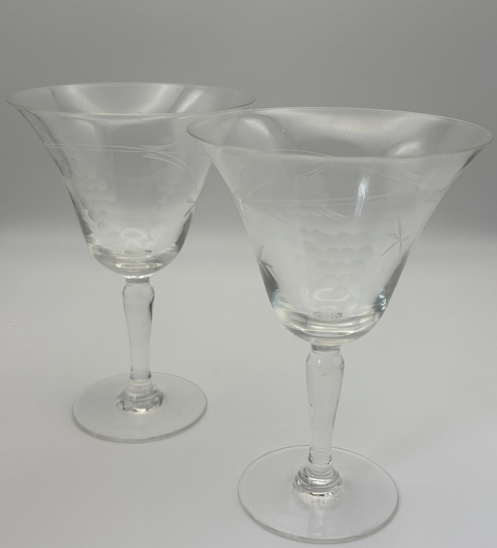 Vintage Etched Sherry Liqueur Glasses Set of 2 Grapes Starburst Design