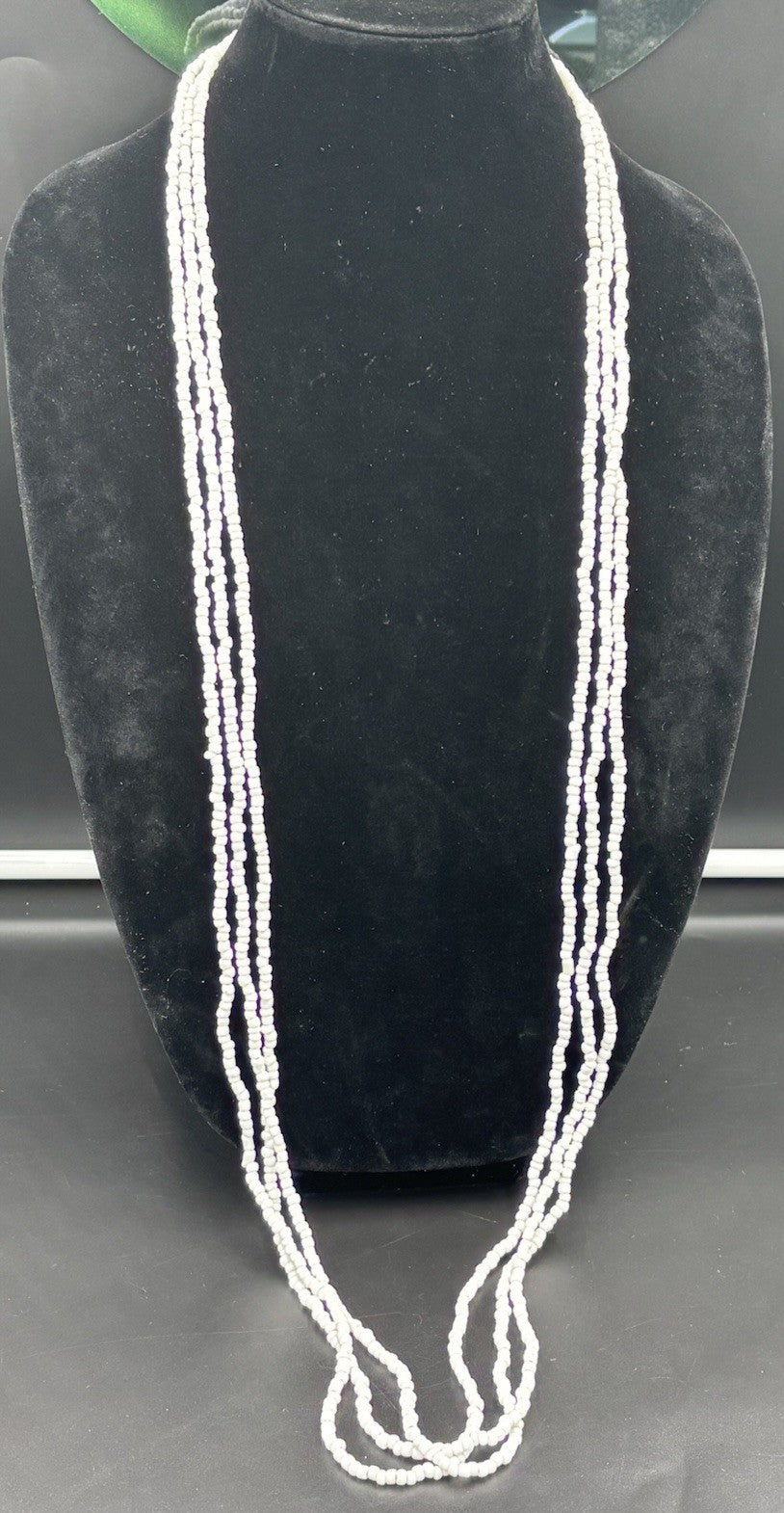 Vintage White Glass Seed Bead Necklace Multi Strand 122cm Button Clasp