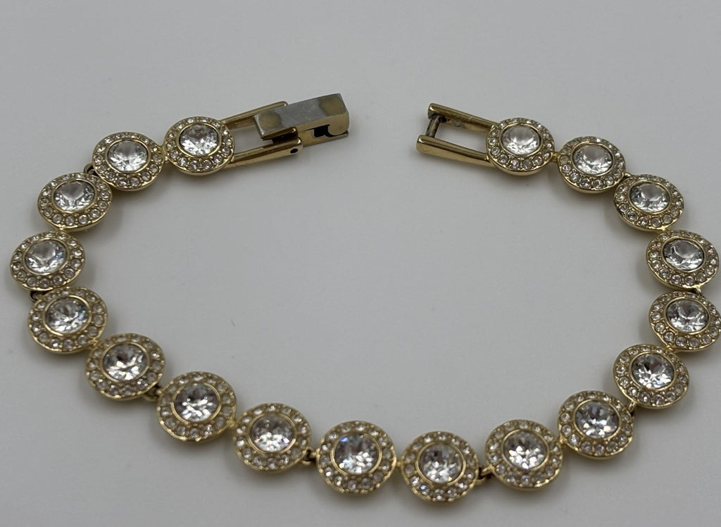 Swarovski Gold Tone Crystal Tennis Bracelet Pavé Halo Signed Vintage 17cm