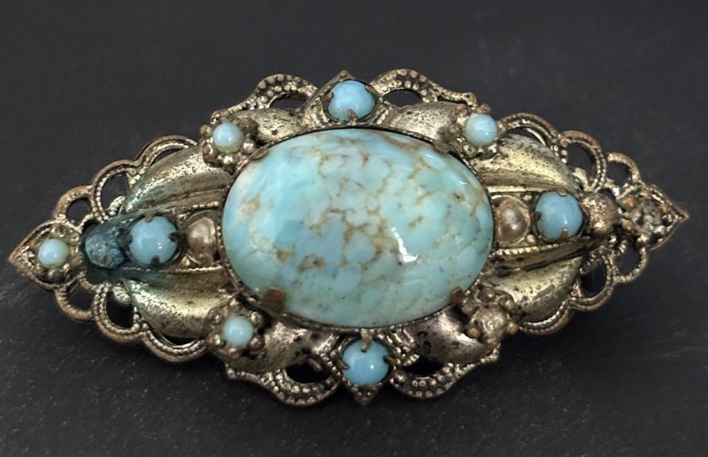 Vintage Turquoise Glass Filigree Bar Brooch Silver Tone Antique Style