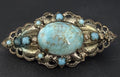 Vintage Turquoise Glass Filigree Bar Brooch Silver Tone Antique Style