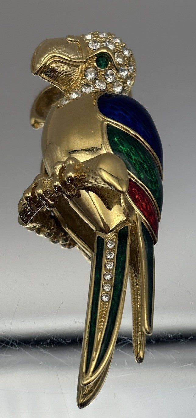 Vintage French Parrot Brooch Gold Tone Enamel & Crystal Bird Pin 7.5cm