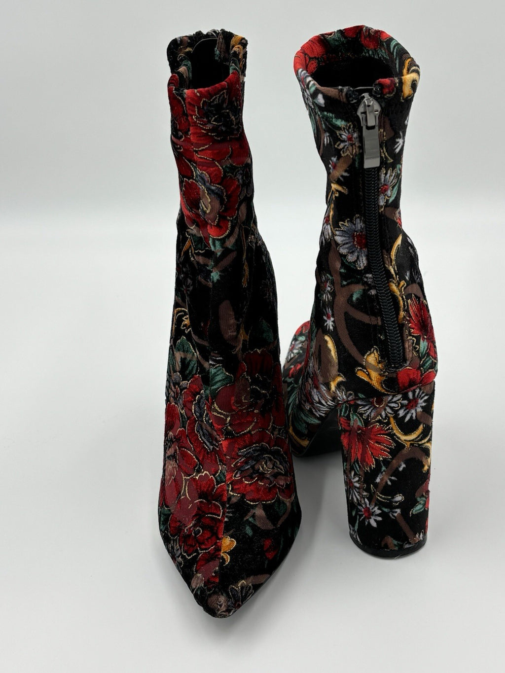 Public Desire Floral Velvet Ankle Boots AU 6 Black Red Gold Block Heel Zip