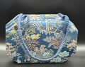 Vintage Chinese Silk Brocade Vanity Box Purse Mirror Case Scenic Motif Blue