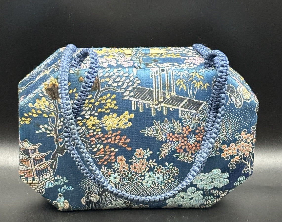 Vintage Chinese Silk Brocade Vanity Box Purse Mirror Case Scenic Motif Blue