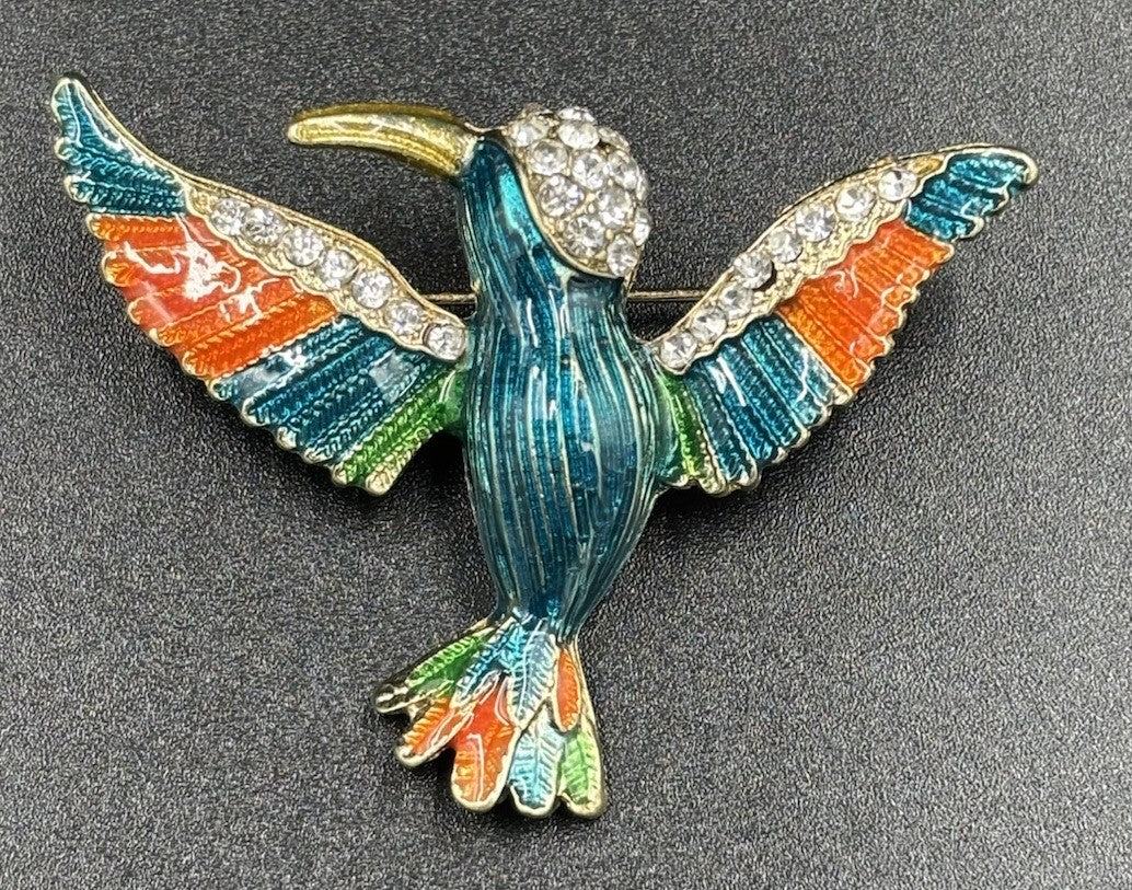 Vtg Enamel Blue Bird  Brooch Bright In Colour Clear Crystal Glass Rhinestones