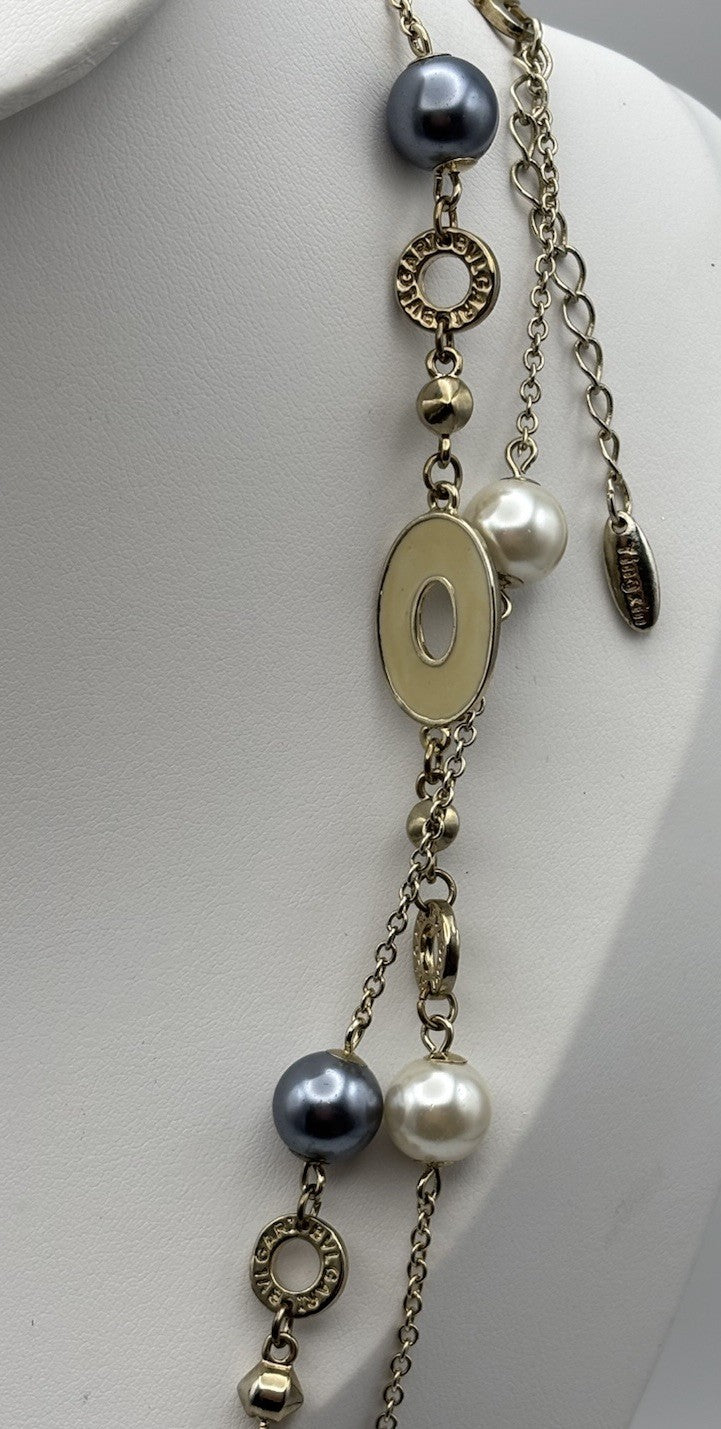Long Station Necklace 120cm Gold Tone Enamel Disc Pearl Beads Adjustable