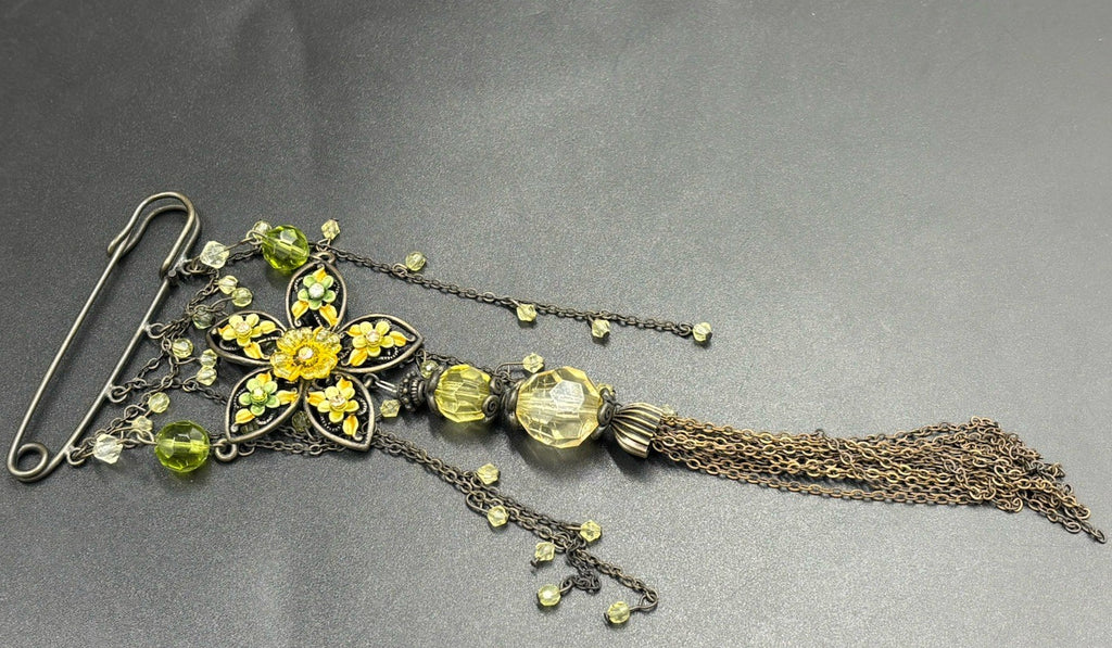 Vintage Style Art Nouveau Floral Dangle Brooch Enamel Glass Beads Statement Pin