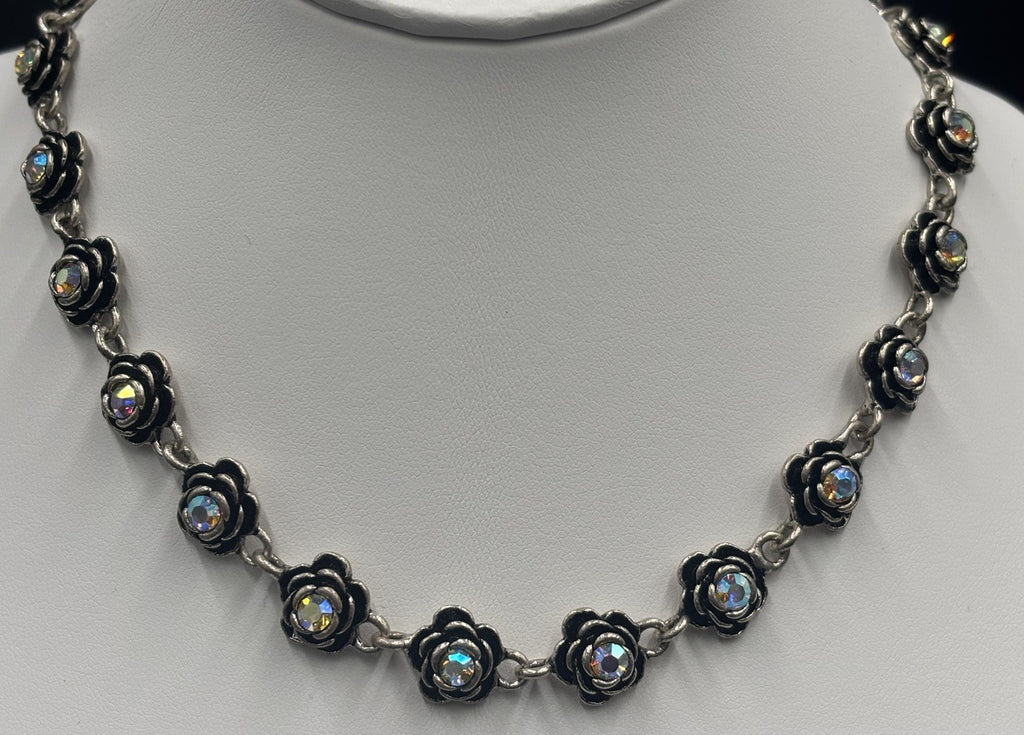 Premier Designs AB Rose Necklace Black Enamel Sparkle, Vintage Glam