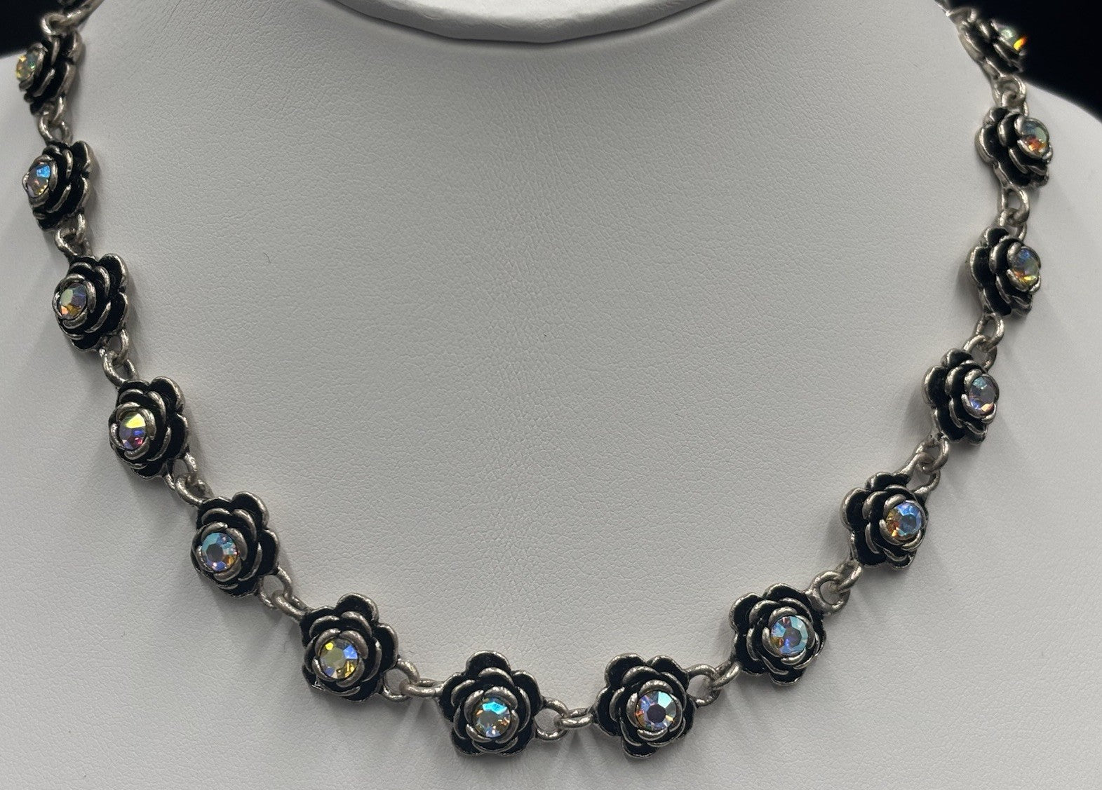 Premier Designs AB Rose Necklace Black Enamel Sparkle, Vintage Glam