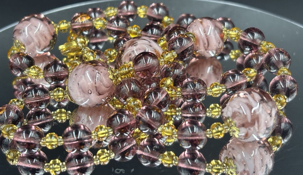 Vtg Venetian Murano Glass Bead Rose Foil Pink Gold Purple Jewellery Set “Italy”