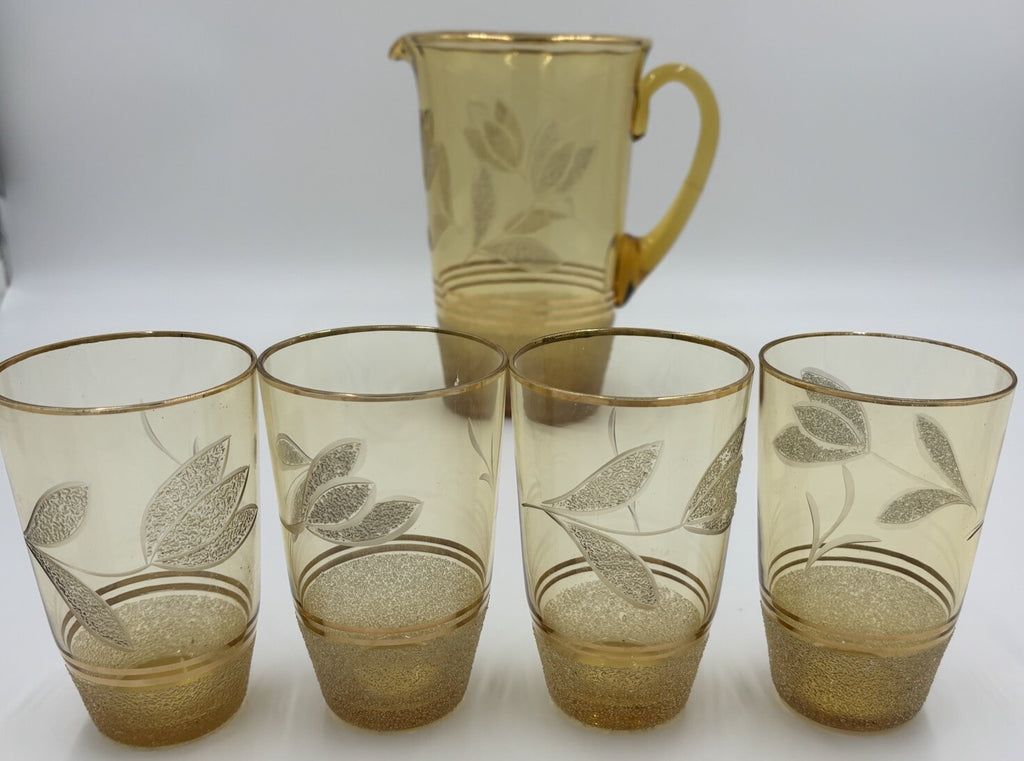 Vintage Amber Glass Pitcher & 4 Tumblers Gold Leaf Etched MCM Barware Set