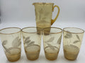 Vintage Amber Glass Pitcher & 4 Tumblers Gold Leaf Etched MCM Barware Set