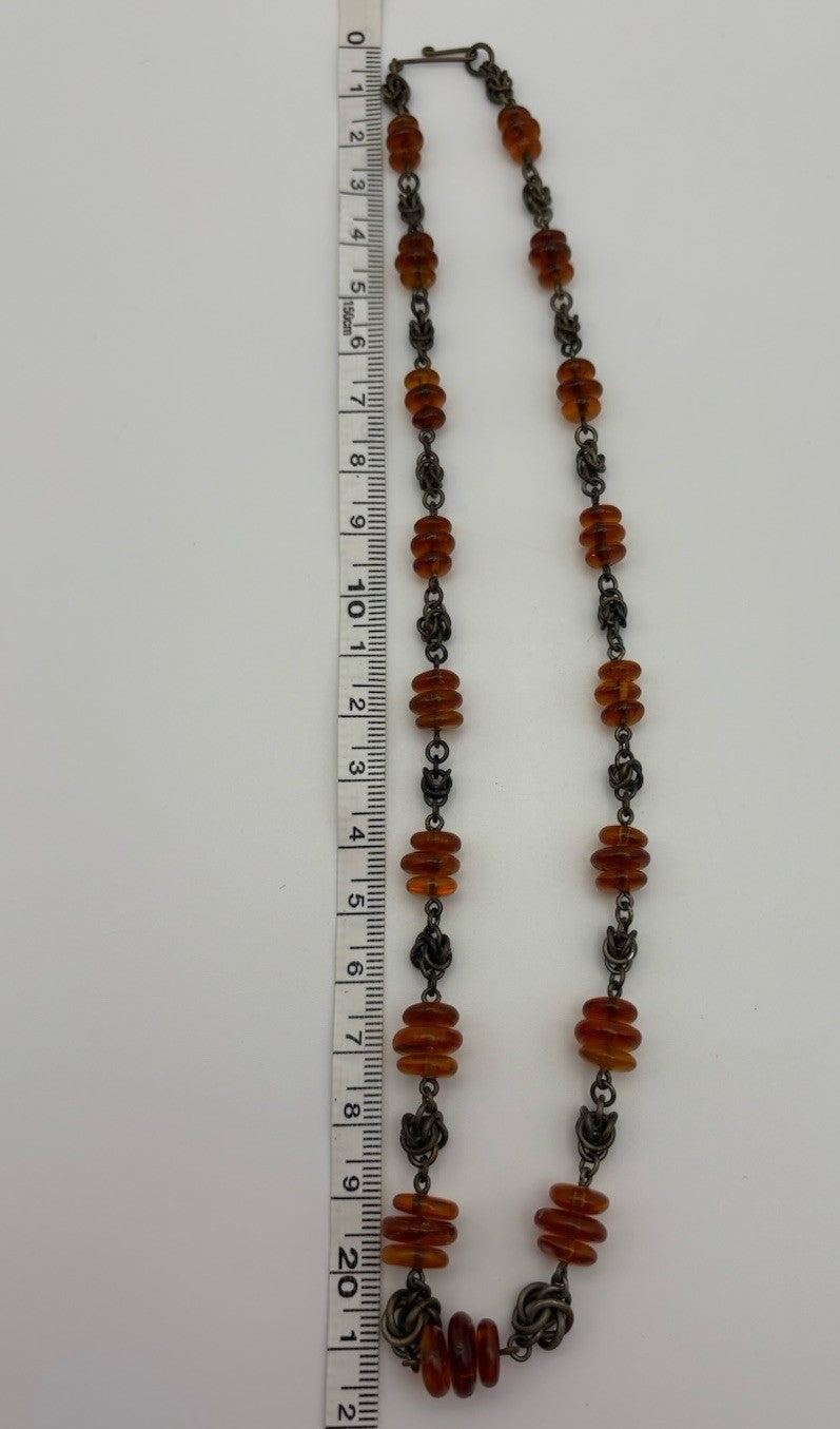 Vintage Baltic Amber Disc Bead Necklace with Oxidized Chain Choker Jewelry