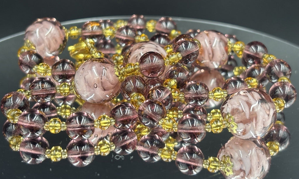Vtg Venetian Murano Glass Bead Rose Foil Pink Gold Purple Jewellery Set “Italy”