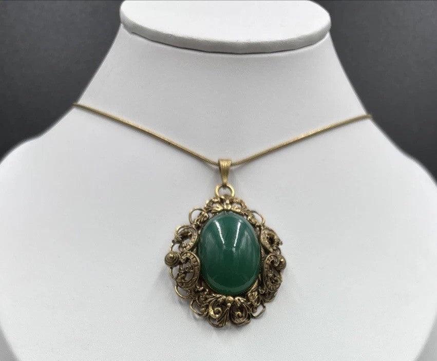 Antique Czech Uranium Glass Pendant Art Nouveau Brass Filigree Gold Filled
