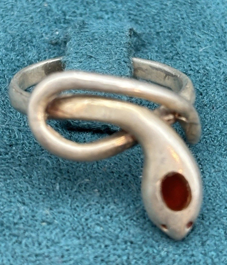 Vintage Sterling Silver Snake Ring Red Stone Eyes 1970s