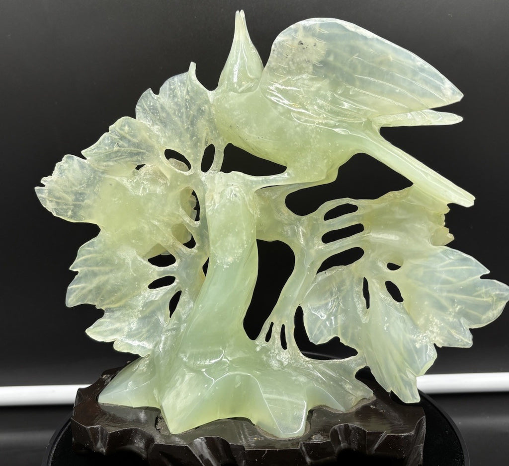 Large Chinese Jadeite Jade Bird Floral Carving Hand Carved Display Sculpture