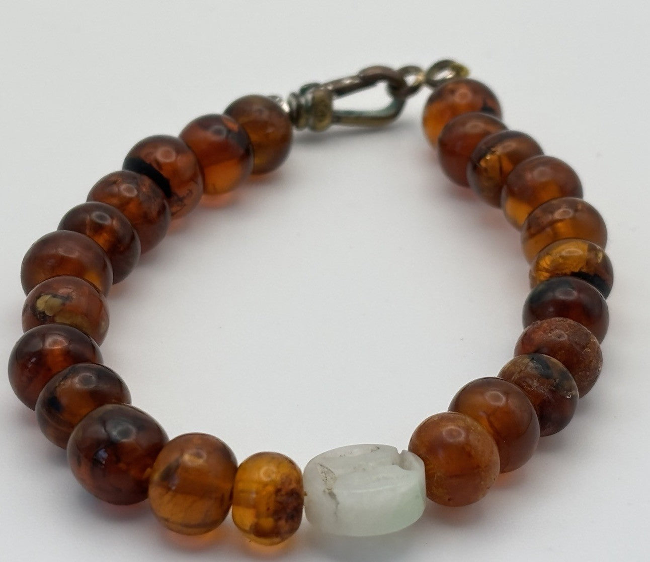 Vintage Amber Bead Bracelet Carved Jade Centerpiece Mid Century Retro